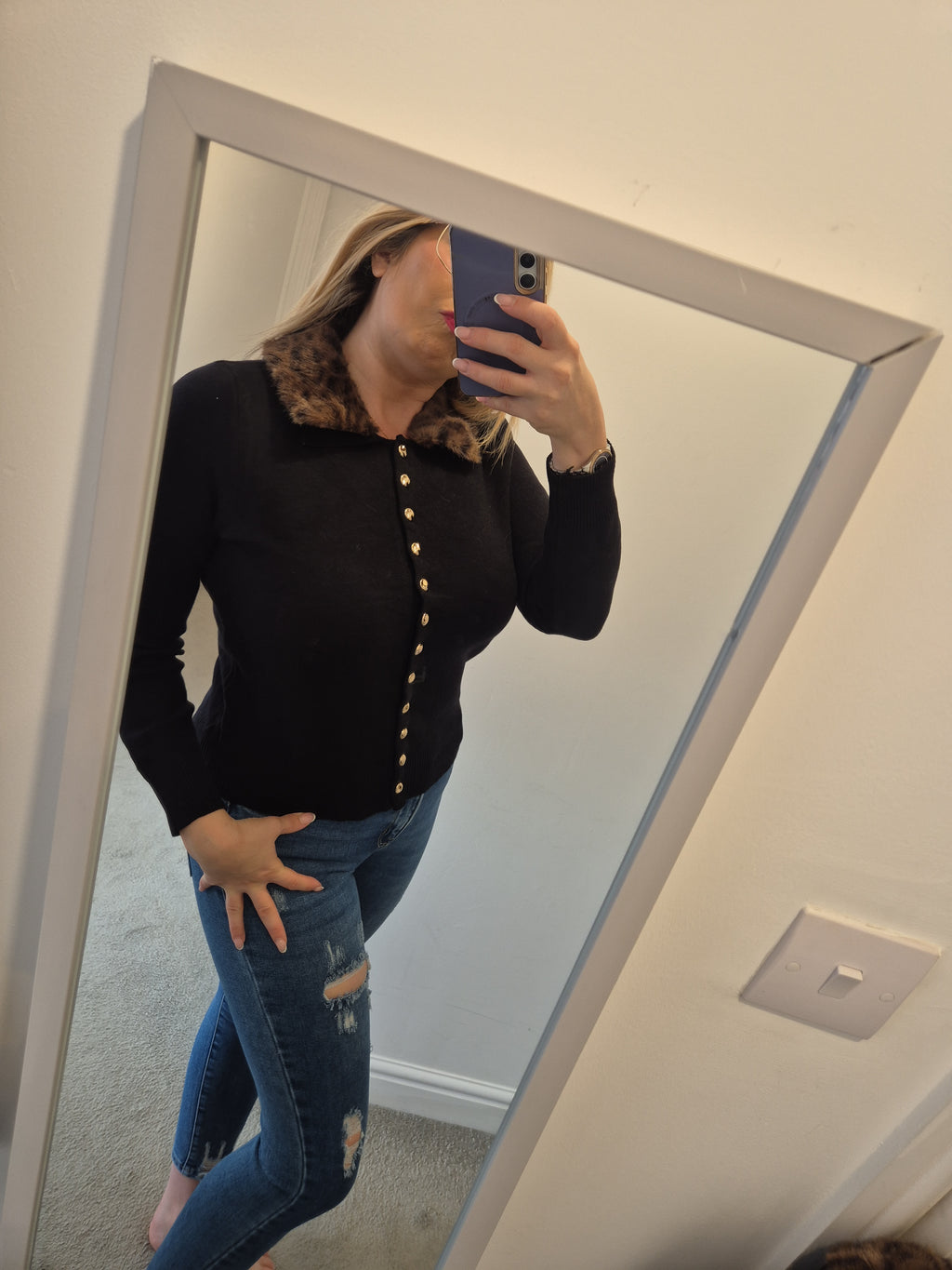 Faux Fur Collar Cardigan One Size
