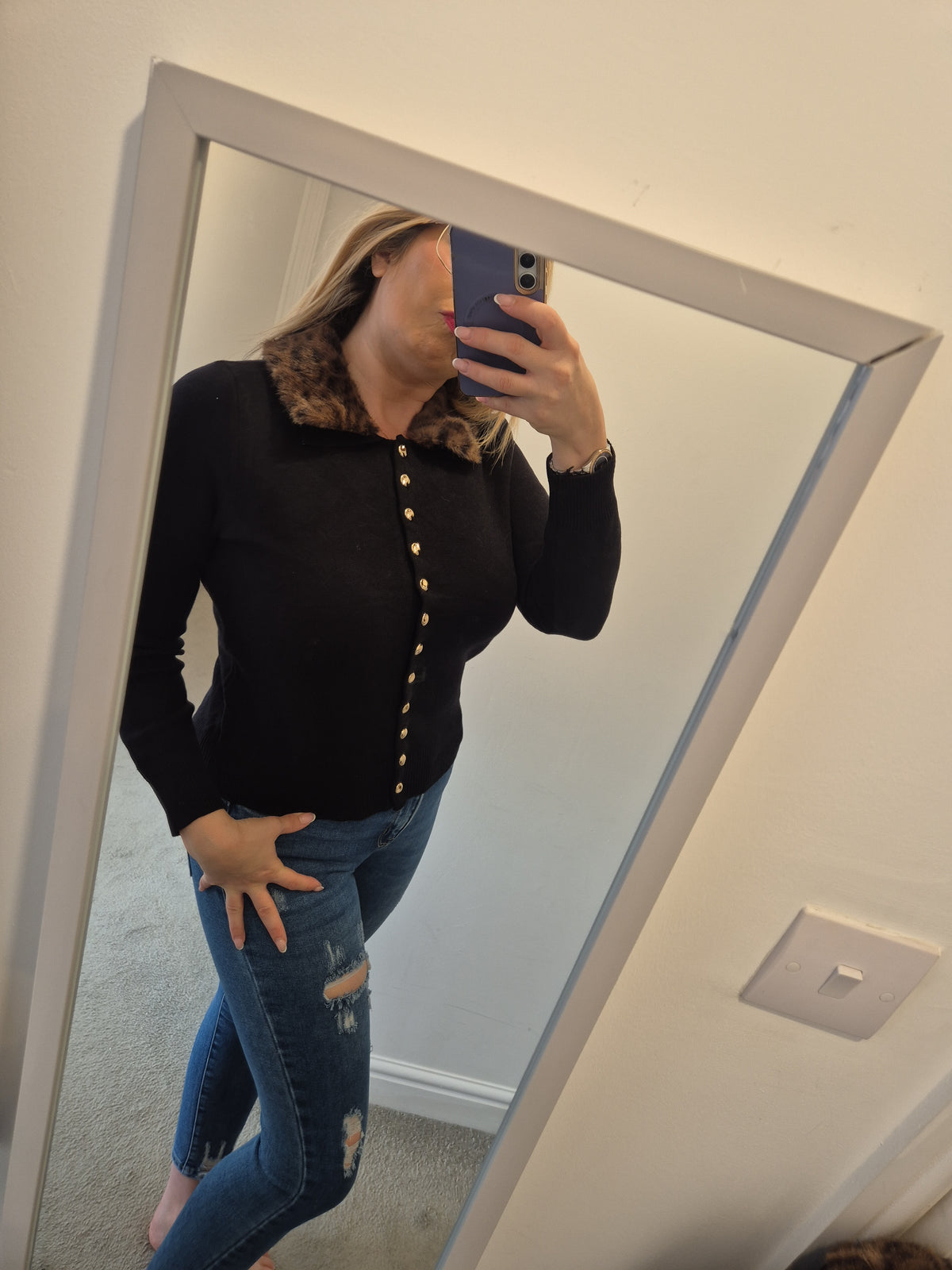 Faux Fur Collar Cardigan One Size