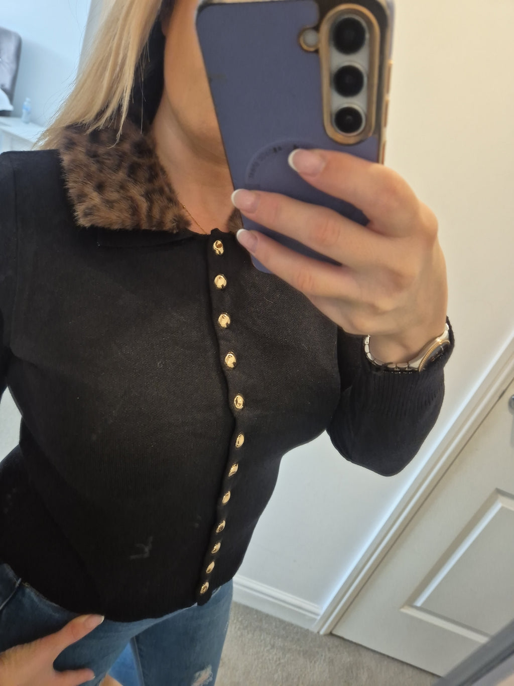 Faux Fur Collar Cardigan One Size