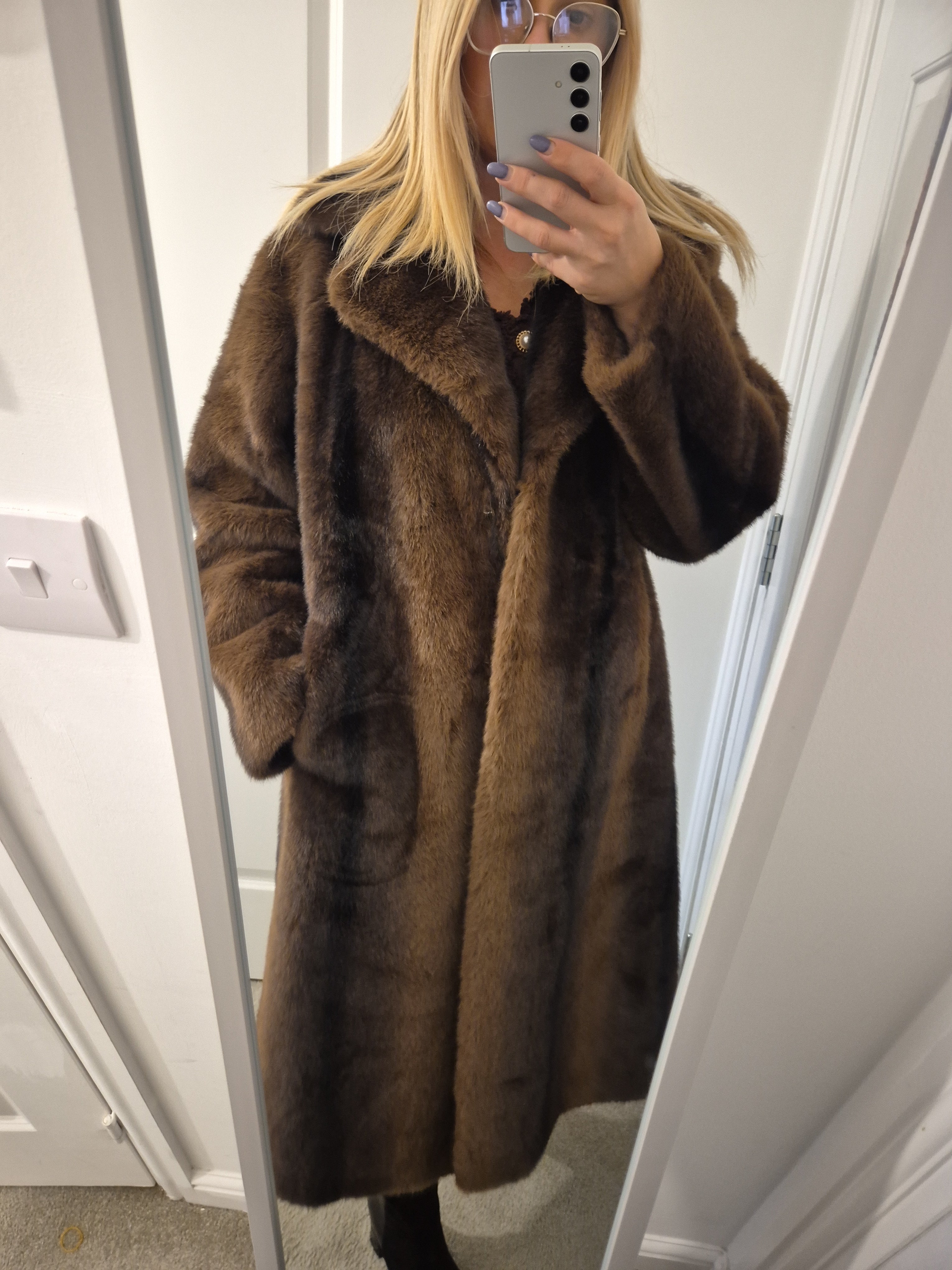 Faux Fur Coat Long Chocolate One Size